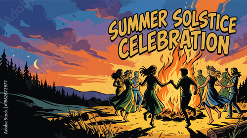 People Dancing Around Bonfire Under Sunset Sky During Summer Solstice Celebration