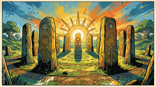 Stone Circle Geometric Pattern Background for Summer Solstice Bold Graphic Poster