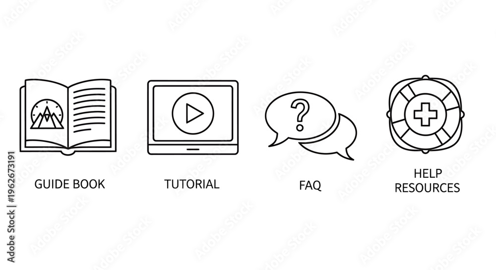 Obraz premium Set of minimalist line icons for guide book, tutorial video, FAQ questions, and help resources.