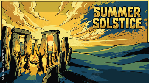 Summer Solstice People Celebrating with Torches at an Ancient Stone Circle