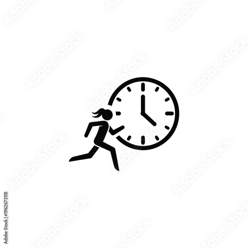 Woman runs quickly behind large clock face in motion.