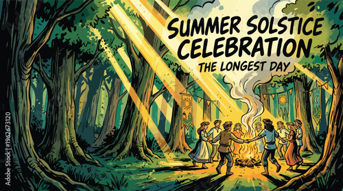 Summer Solstice Celebration in Forest with People Dancing Around Bonfire