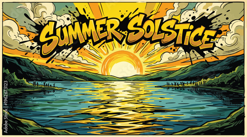 Summer Solstice Celebration with Sun Reflection over Lake and Mountain Landscape