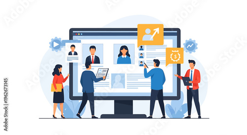 Human resources team evaluating employee profiles and job candidates on a large monitor for recruitment, career growth, and performance assessment in a flat vector illustration.