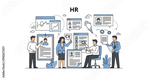 Human resources recruitment flat vector illustration featuring HR professionals analyzing candidate CVs, profiles, and data charts for hiring and talent acquisition processes.