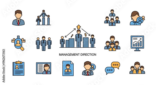 Professional management and leadership line icon set featuring organizational hierarchy, human resources recruitment, business team structures, data analysis, and office communication.