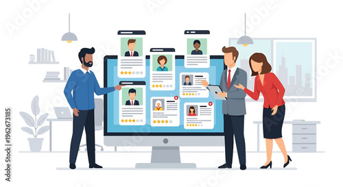 Human resources team reviewing candidate profiles on a large computer screen, discussing job applicants for hiring