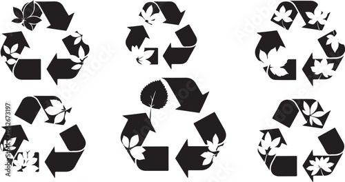 Recycling symbols with leaves and arrows on white background