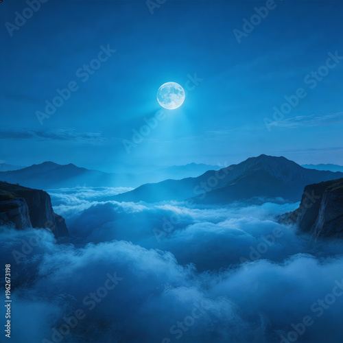 Full moon illuminates a mountainous landscape at night, with thick clouds below peaks and misty valleys under a deep blue sky. A serene, tranquil natural scene.