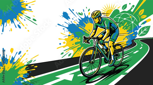 Cyclist on a Bike Lane with Vibrant Paint Splatters and Global Elements