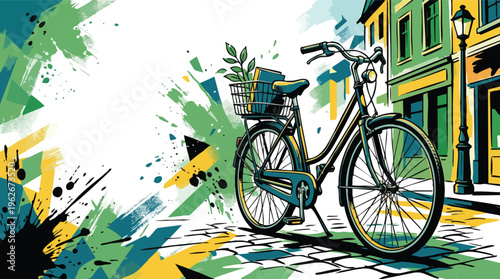 Bicycle Parked on Street World Bicycle Day Fantasy Comic Illustration