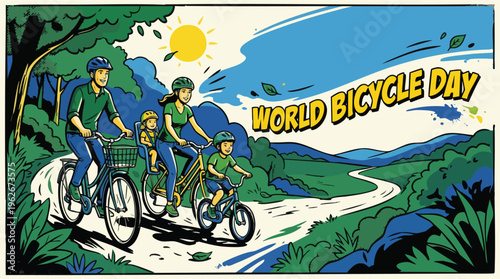 Family Riding Bicycles Together in Nature Path for World Bicycle Day
