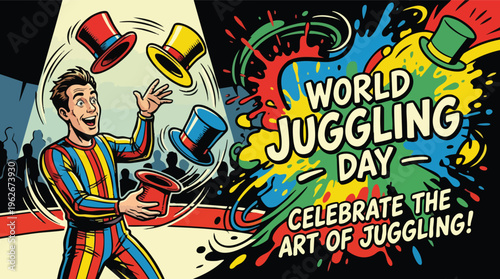 Juggling Performer Celebrates World Juggling Day with Colorful Hat Performance Illustration