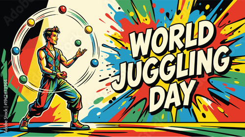 Juggling Performer Tossing Colorful Balls in Smooth Arc Motion for World Juggling Day