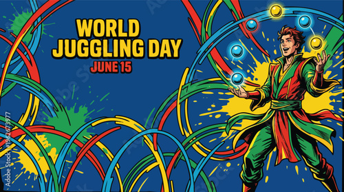 World Juggling Day Colorful Motion Arcs Background with Talented Performer