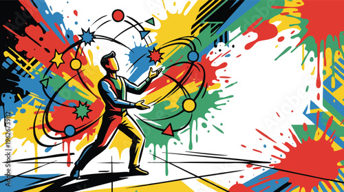 Juggling Performer Surrounded by Colorful Paint Splashes an Abstract Visual Design
