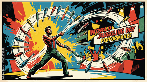 Juggling Performer with Colorful Clubs on World Juggling Day Stage