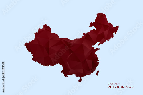 China Map - Low poly polygon map in deep red gradient on light blue background, modern minimal geometric design, vector illustration with faceted triangulated style.