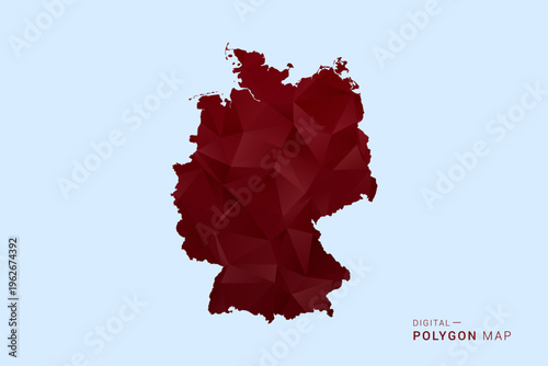 Germany Map - Low poly polygon map in deep red gradient on light blue background, modern minimal geometric design, vector illustration with faceted triangulated style.