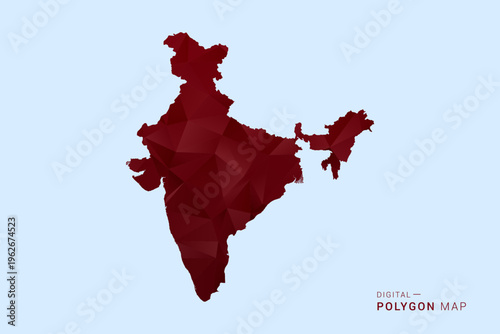India Map - Low poly polygon map in deep red gradient on light blue background, modern minimal geometric design, vector illustration with faceted triangulated style.