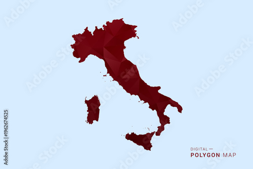 Italy Map - Low poly polygon map in deep red gradient on light blue background, modern minimal geometric design, vector illustration with faceted triangulated style.