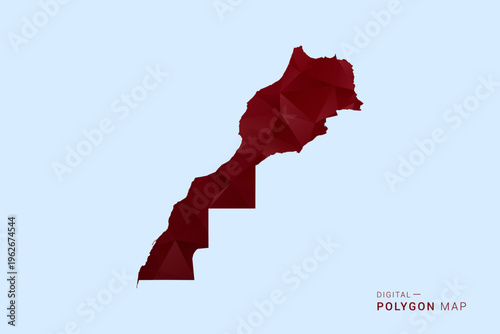 Morocco Map - Low poly polygon map in deep red gradient on light blue background, modern minimal geometric design, vector illustration with faceted triangulated style.
