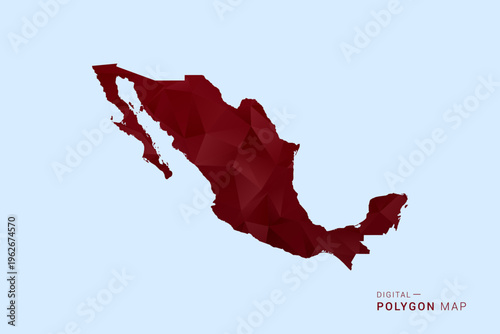 Mexico Map - Low poly polygon map in deep red gradient on light blue background, modern minimal geometric design, vector illustration with faceted triangulated style.