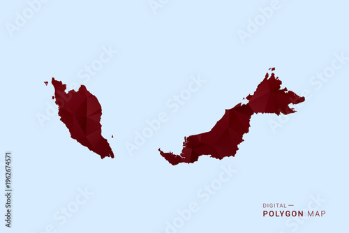 Malaysia Map - Low poly polygon map in deep red gradient on light blue background, modern minimal geometric design, vector illustration with faceted triangulated style.