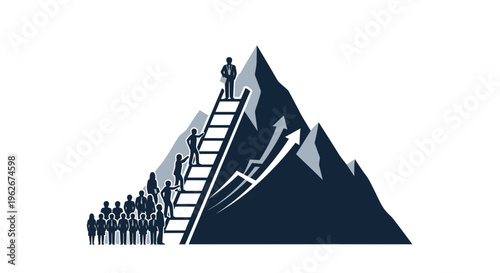 Team climbing mountain towards success with arrow graph and leader silhouette