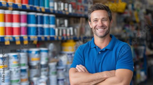 Smiling young male hardware store owner standing in shop, confident and friendly, surrounded by tools and equipment, representing small business success.
