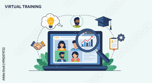 Virtual training session depicted with laptop magnifying glass and icons