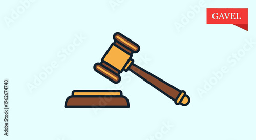 Wooden gavel and sound block illustration against a light blue backdrop