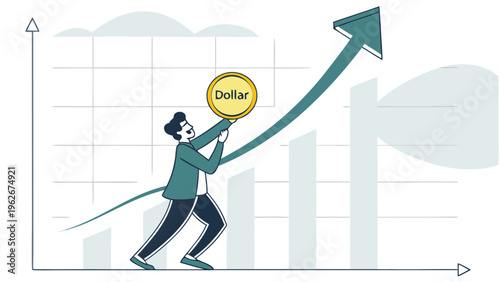 Business team pushing large arrow upward on chart. Concept of success, leadership, collaboration, corporate growth, startup scaling, financial improvement, and goal achievement illustration.