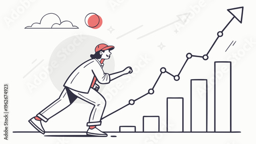 Businessman running on upward graph toward target. Concept of ambition, financial success, investment growth, stock market performance, achievement, goal reaching, and business progress.