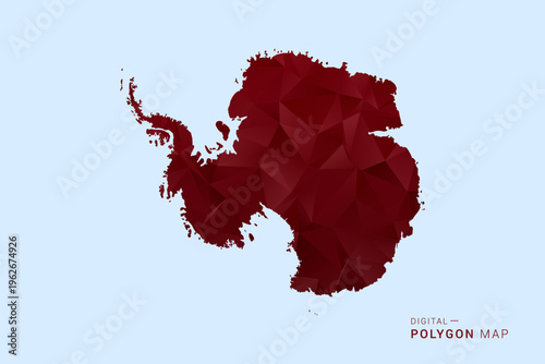 Antarctica Map - Low poly polygon map in deep red gradient on light blue background, modern minimal geometric design, vector illustration with faceted triangulated style.