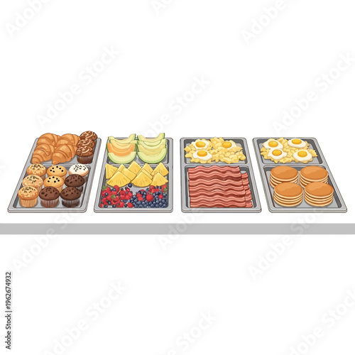 A clean illustration of a breakfast buffet spread featuring pastries, fruit, eggs, bacon, and pancakes, perfect for food and hospitality themes