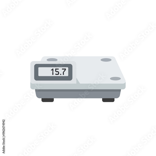 A clean and modern flat design illustration of a digital weighing scale, precisely displaying a numerical value for health, fitness, and body weight measurement