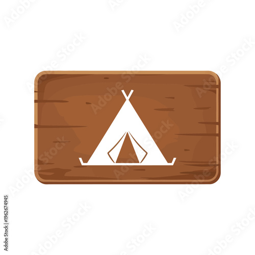 Graphic illustration of a minimalist white teepee camping tent icon set on a rustic wooden plank, symbolizing outdoor adventure and nature exploration