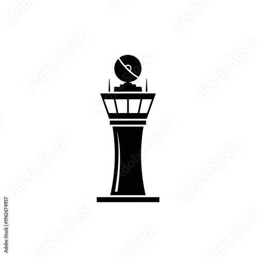 Black silhouette of an airport control tower with radar dish on top, symbolizing air traffic management and aviation communication