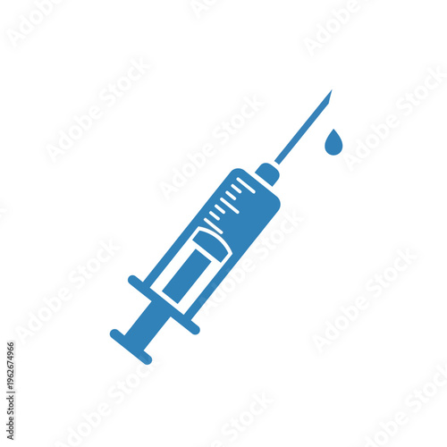 Minimalist blue syringe icon with a single drop of liquid, representing medical treatment, vaccination, or science