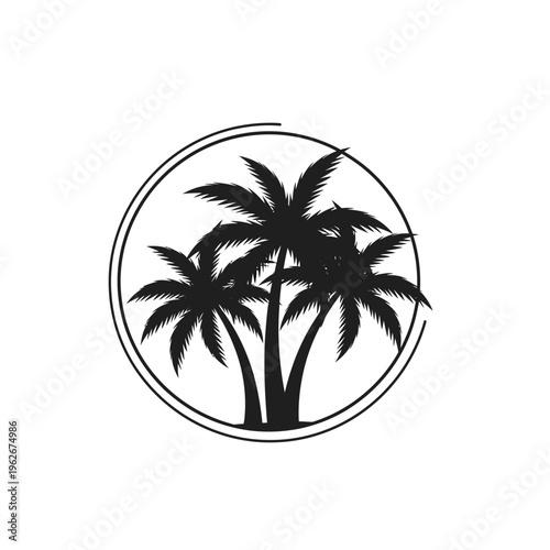 Minimalist black silhouette of tropical palm trees in a sleek circular frame, embodying a serene island getaway and vacation vibes, ideal for travel branding
