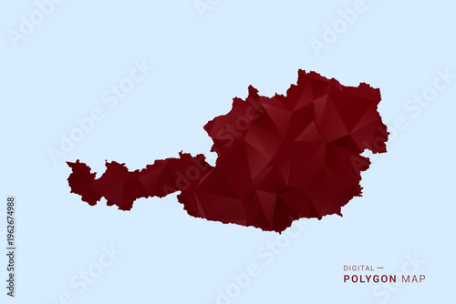 Austria Map - Low poly polygon map in deep red gradient on light blue background, modern minimal geometric design, vector illustration with faceted triangulated style.