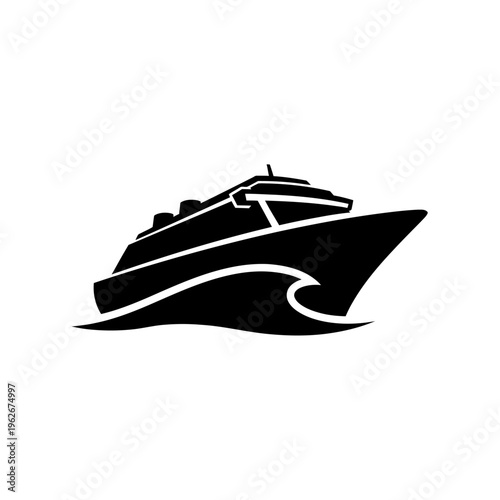 A minimalist black and white silhouette illustration of a large cruise ship sailing through wavy water, representing travel and leisure