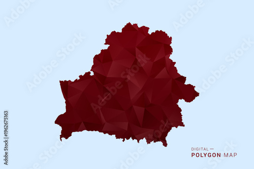 Belarus Map - Low poly polygon map in deep red gradient on light blue background, modern minimal geometric design, vector illustration with faceted triangulated style.