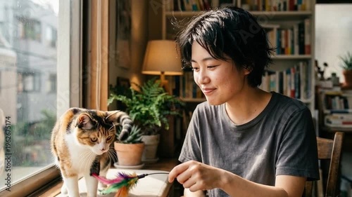Woman smiling softly indoors while working near a window with a cat nearby
