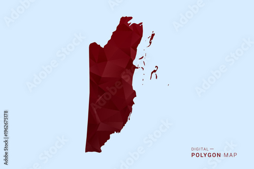Belize Map - Low poly polygon map in deep red gradient on light blue background, modern minimal geometric design, vector illustration with faceted triangulated style.