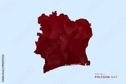 Ivory Coast Map - Low poly polygon map in deep red gradient on light blue background, modern minimal geometric design, vector illustration with faceted triangulated style.