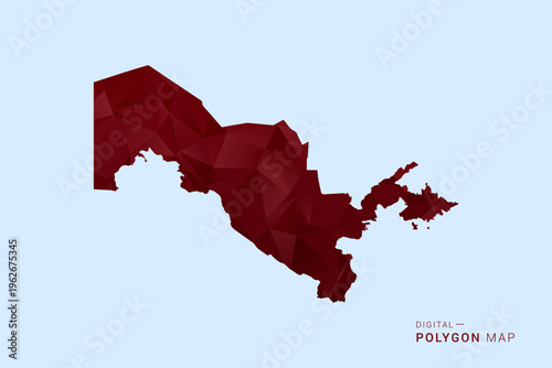 Uzbekistan Map - Low poly polygon map in deep red gradient on light blue background, modern minimal geometric design, vector illustration with faceted triangulated style.