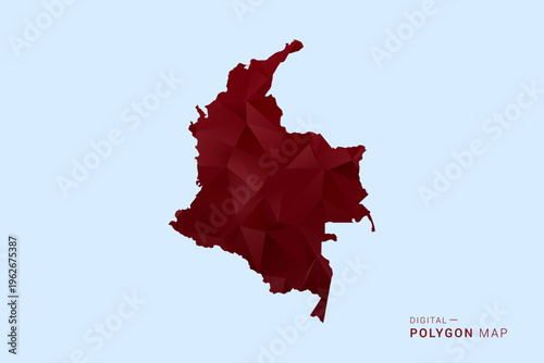 Colombia Map - Low poly polygon map in deep red gradient on light blue background, modern minimal geometric design, vector illustration with faceted triangulated style.