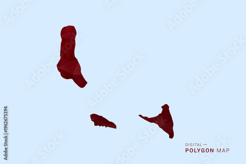 Comoros Map - Low poly polygon map in deep red gradient on light blue background, modern minimal geometric design, vector illustration with faceted triangulated style.